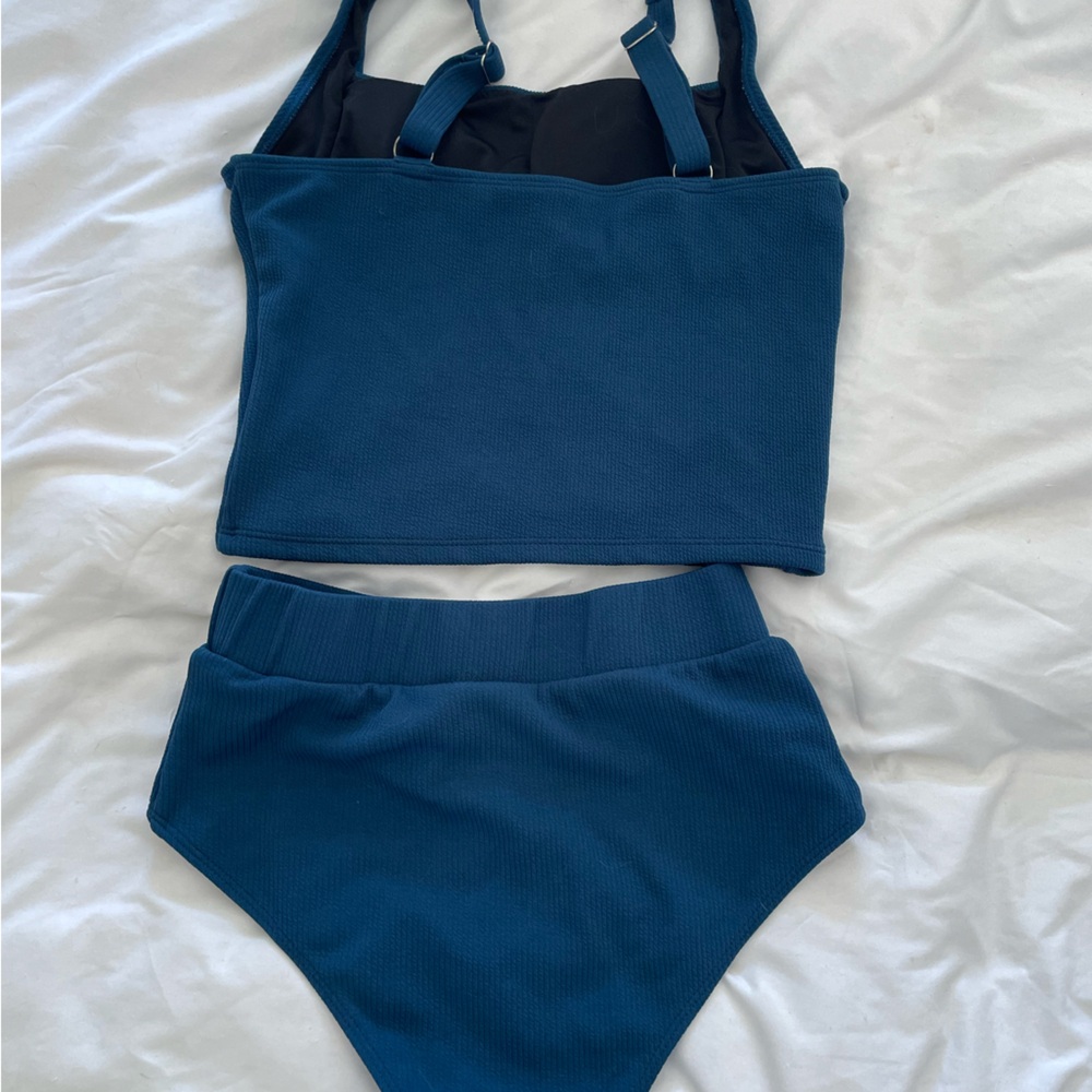 Blue High-Waist Ribbed One-Piece Swim Set - Picture 2 of 4